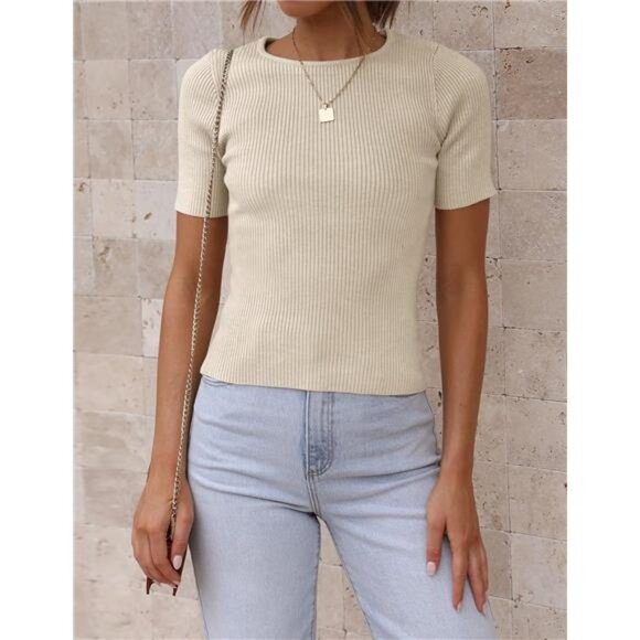 Women's Short Sleeve Sweater Tops 2025 Summer Crewneck T Shirt Ribbed - Picture 3 of 7